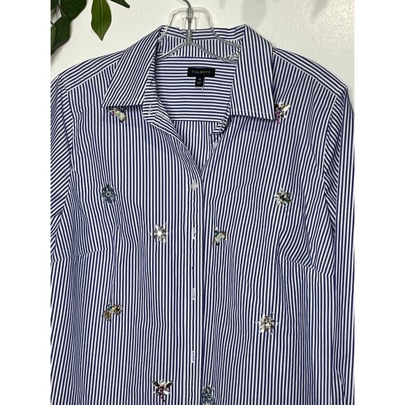 Talbots striped button down blouse rhinestone flowers and insect hand beaded. M - Picture 1 of 11